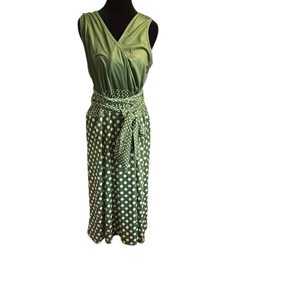 Misslook Green Polka Dot Wrap Midi Dress Size L Sleeveless Retro Tie Waist - Picture 1 of 7